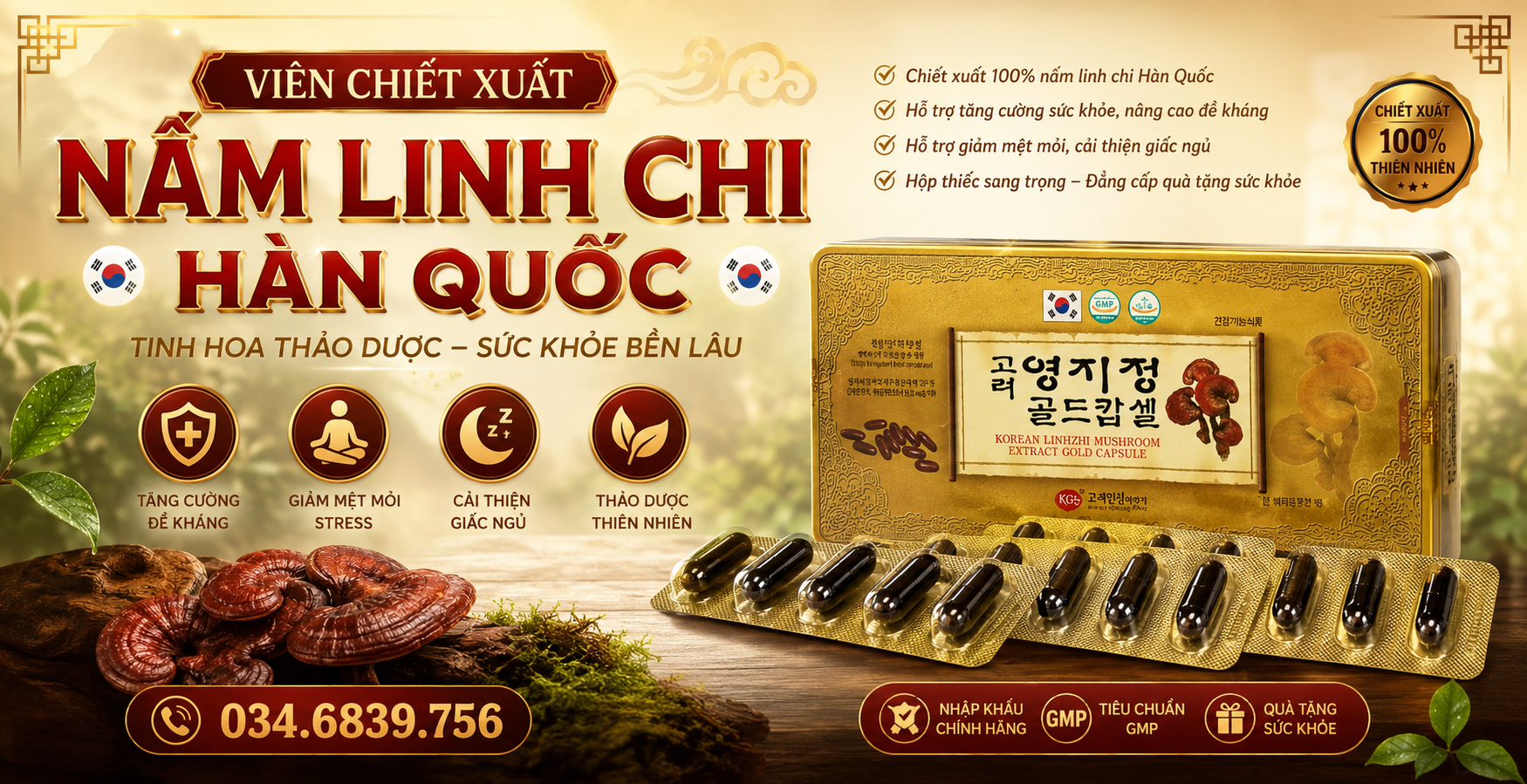Viên Chiết Xuất Nấm Linh Chi Hàn Quốc KGS - Korean Linhzhi Mushroom Etract Gold Capsule 830mg x 120 Viên Hộp Thiếc